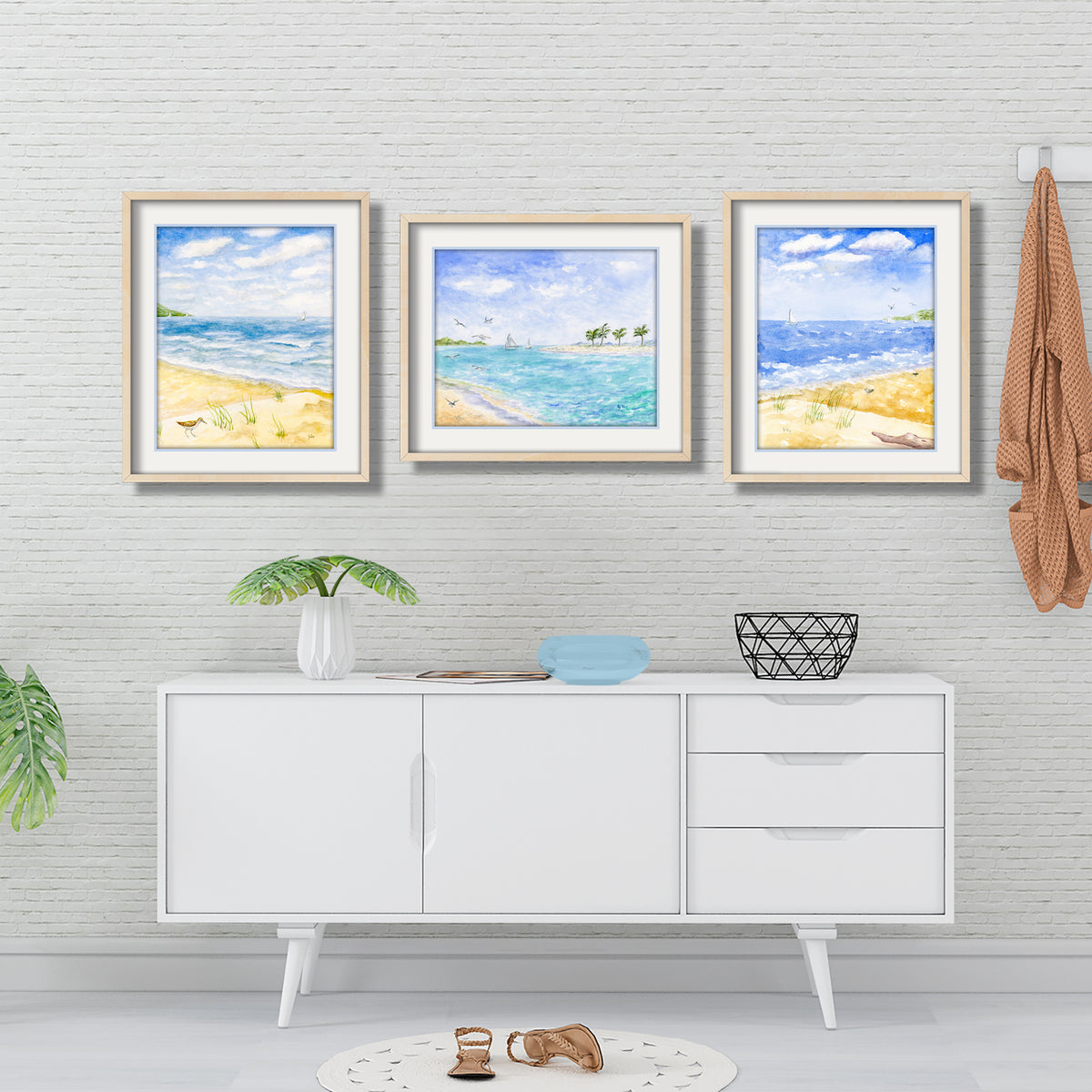 beach ocean sea seascape coastal watercolor painting beach home decor nautical prints tropical island sand dunes sandpiper palm trees drift wood wall decor