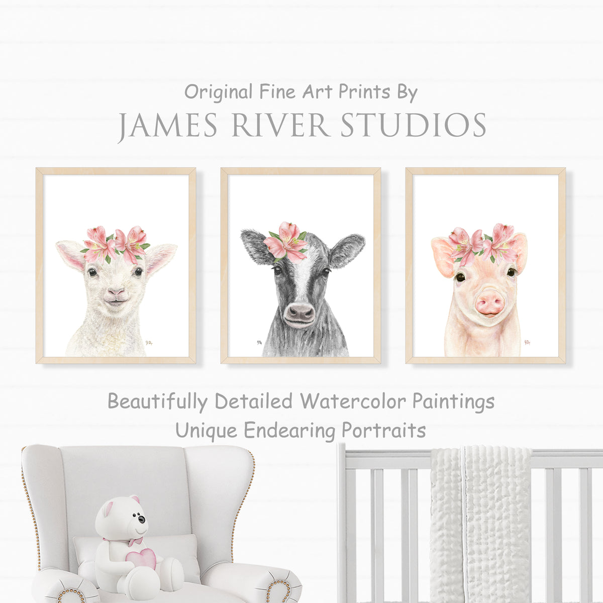Farm Animal Portrait With Flowers Print Set 3