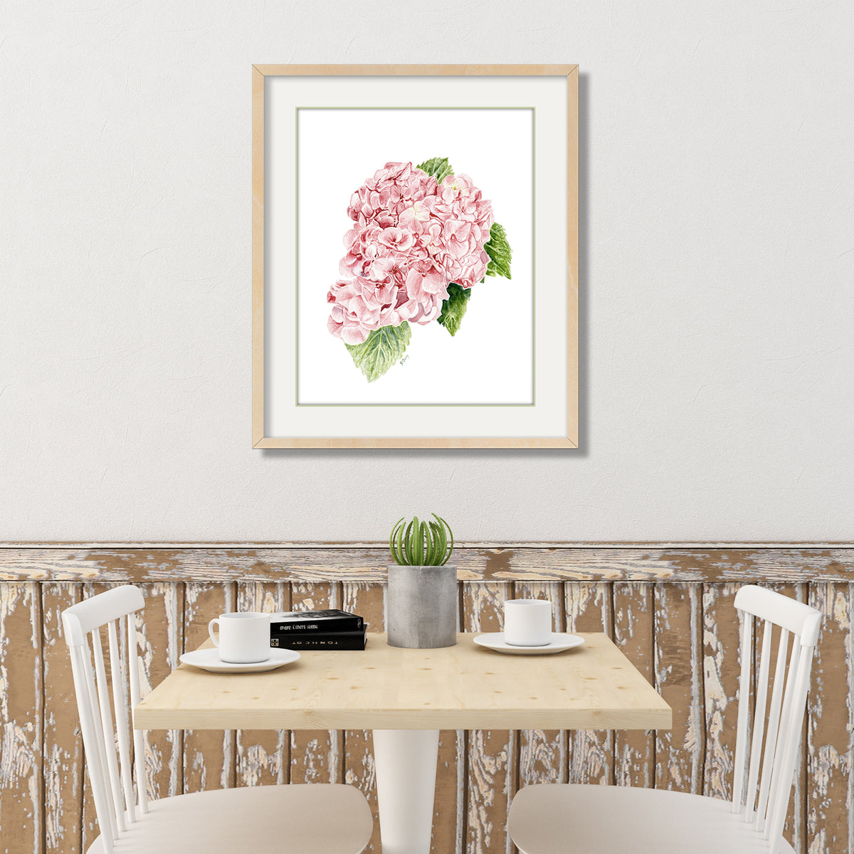 hydrangea pink floral watercolor painting flower wall art dining room above table