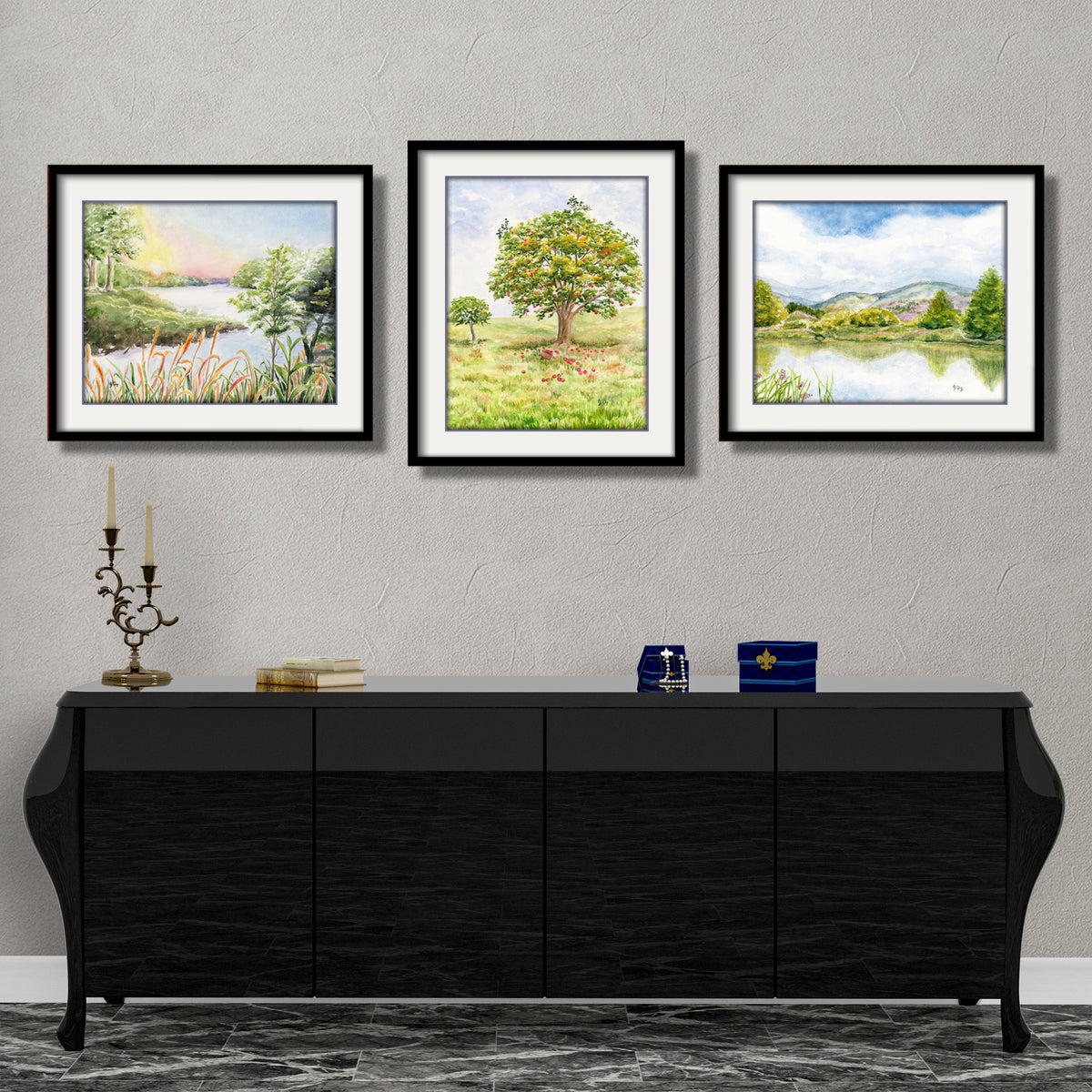 landscape watercolor paintings country scenic art river wall art montain wall decor apple tree orchard painting home decor