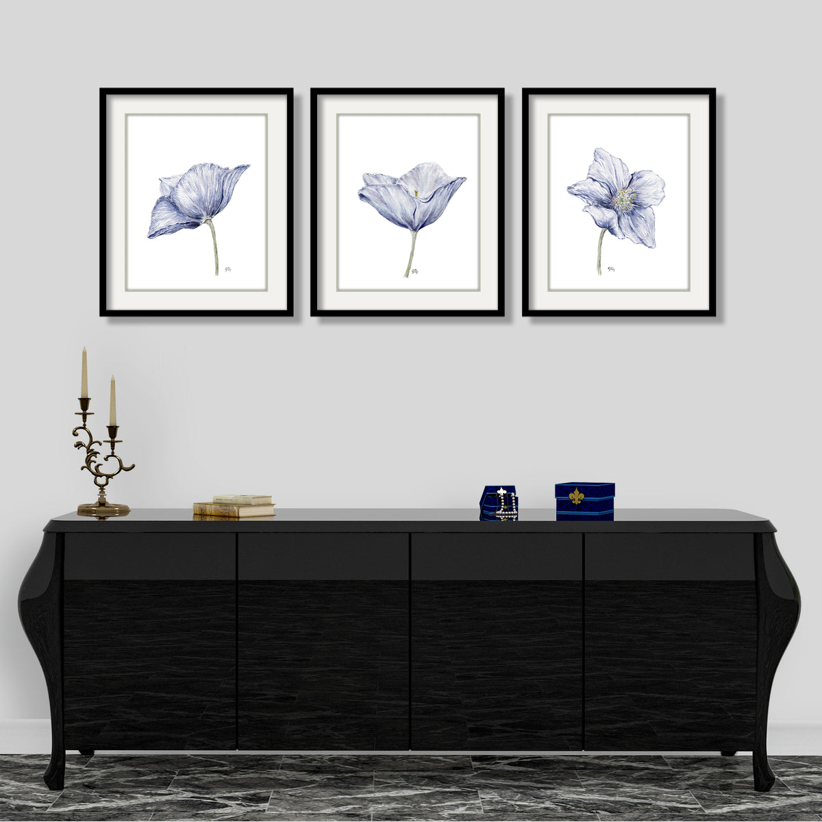 blue poppy floral flower watercolor painting prints art