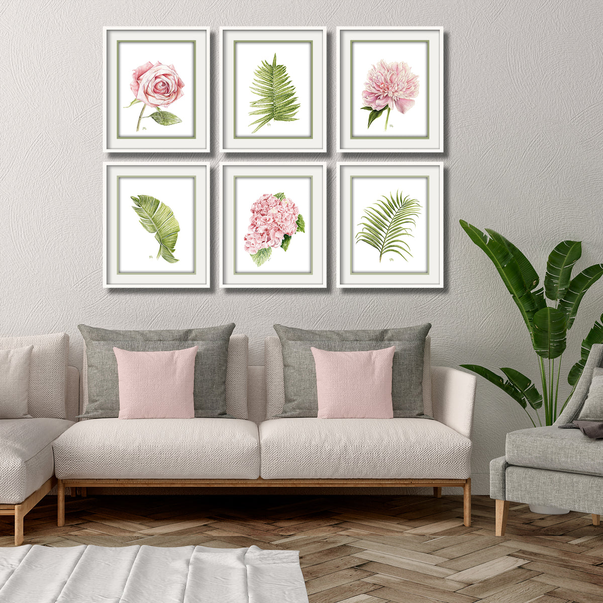 flower floral tropical leaves leaf rose hydrangea peony banana fern palm watercolor paintings prints pink green wall art