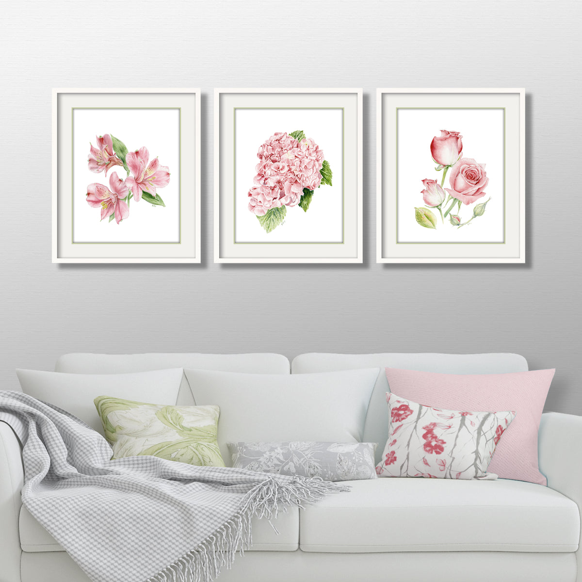 pink flower watercolor paintings hydrangea rose roses lily lilies floral wall art
