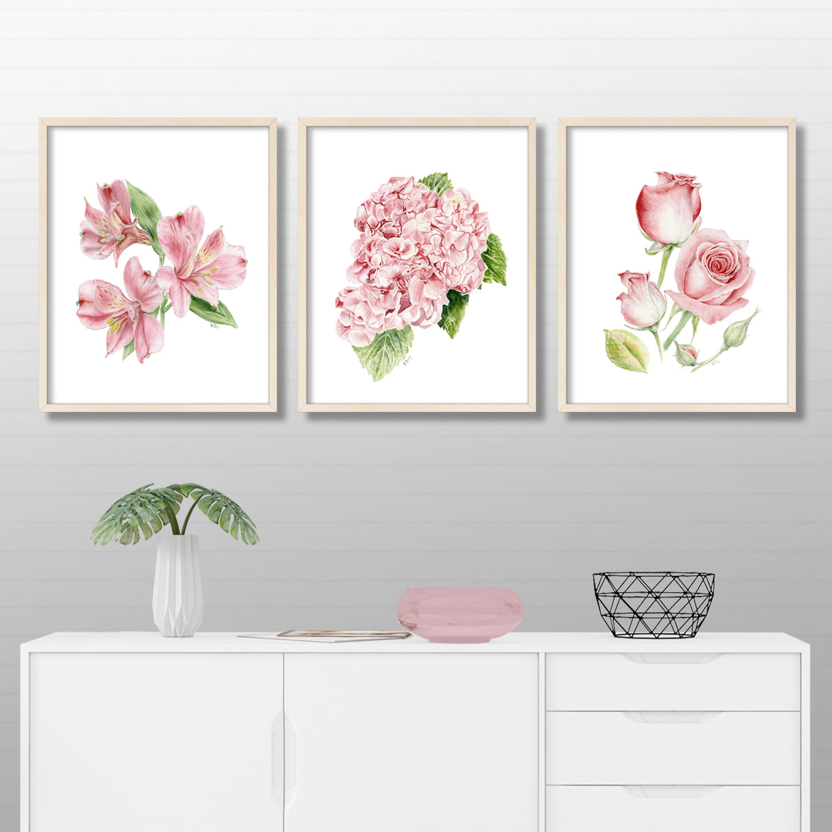 Pink Flowers Prints Set of 3