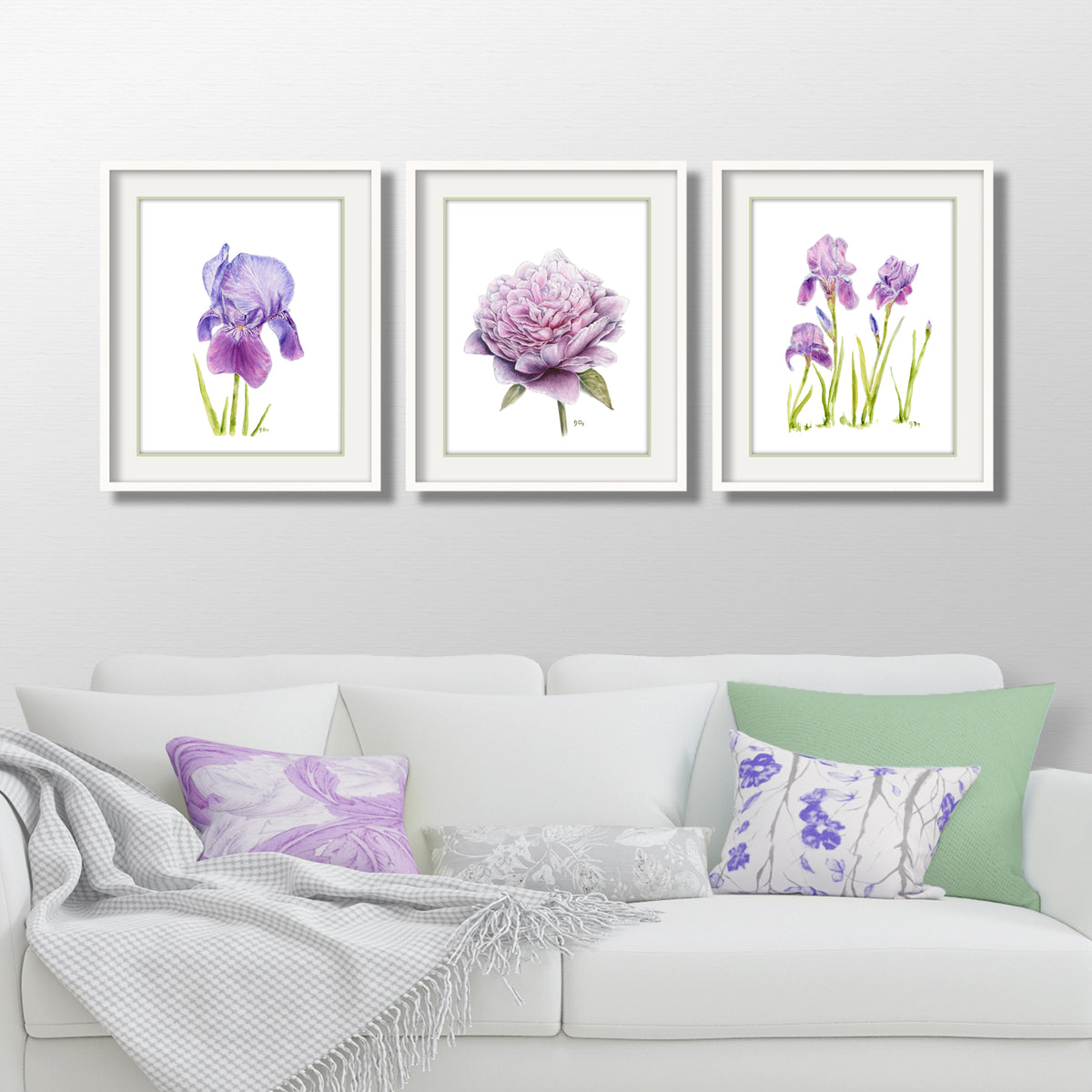 iris irises peony purple flower watercolor print set artwork paintings prints art living room bedroom