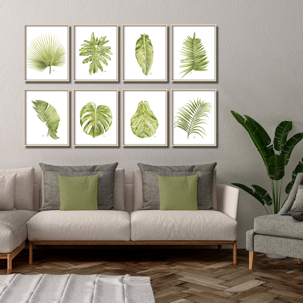 tropical leaf print set of 8 leaves watercolor paintings monstera fan palm banana fern fiddle fig hope philodendron house plant wall art decor