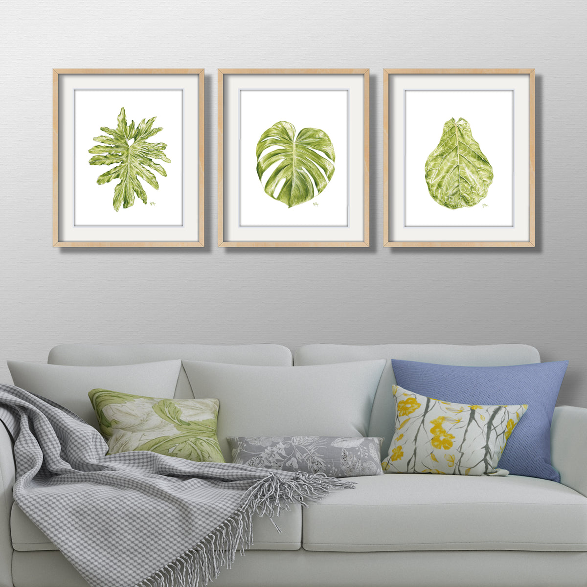 tropical leaf leaves watercolor painting philodendron monstera fig print above sofa art living room wall art