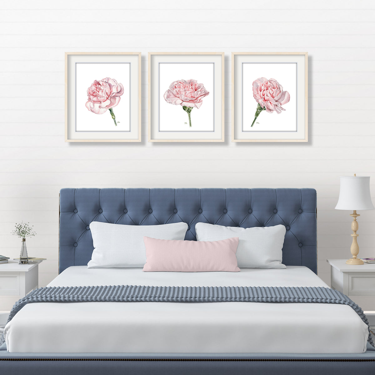 carnations pink flowers floral watercolors paintings art artwork bedroom dining living room wall art