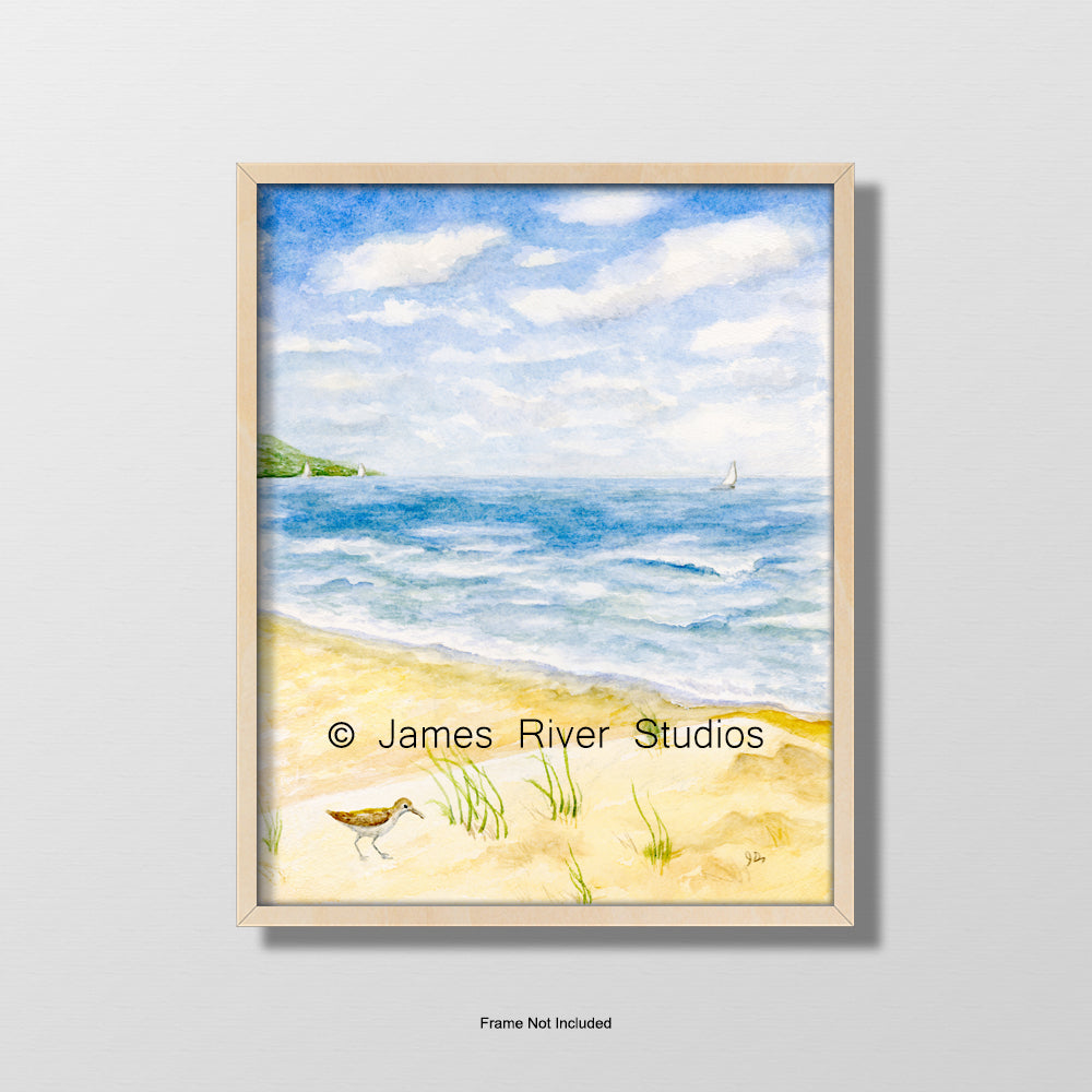beach watercolor landscape seascape sandpiper painting print sailing sailboat wall art coastal wall decor