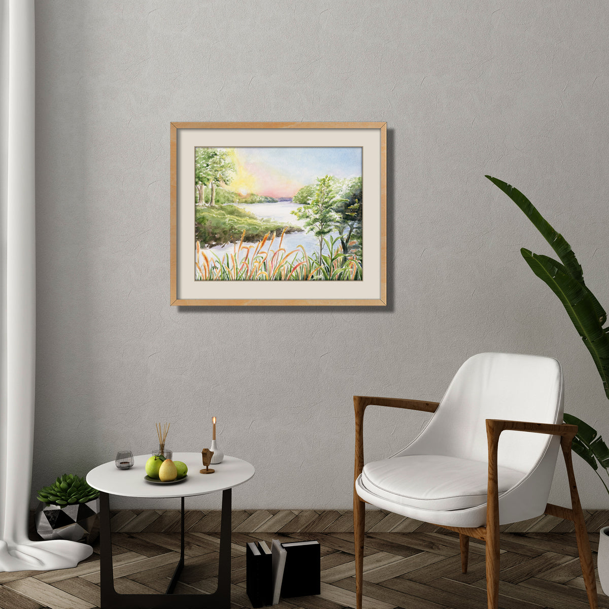 river watercolor painting sunset wall art landscape country wall art