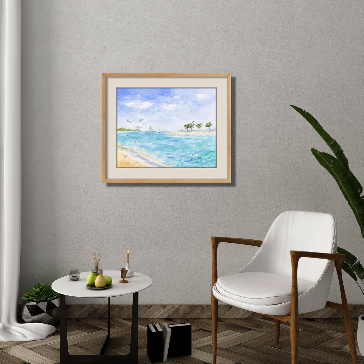 tropical beach island watercolor painting landscape beach ocean sea palms saling boats seagull coastal wall art decor
