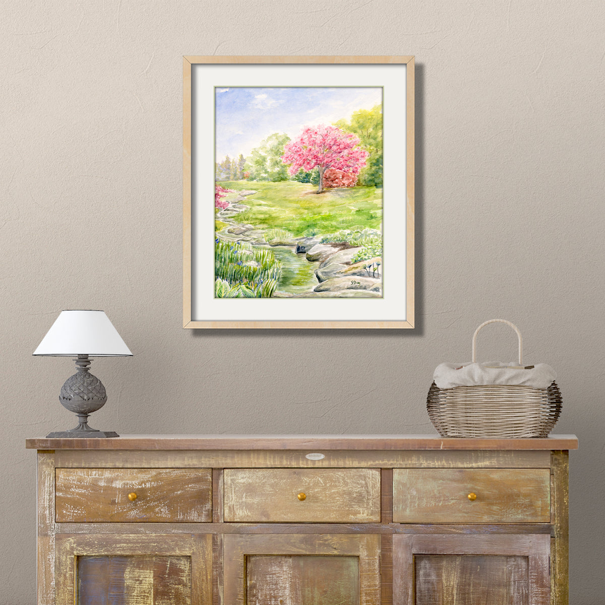 cherry tree watercolor painting print stream brook creek wall art landscape