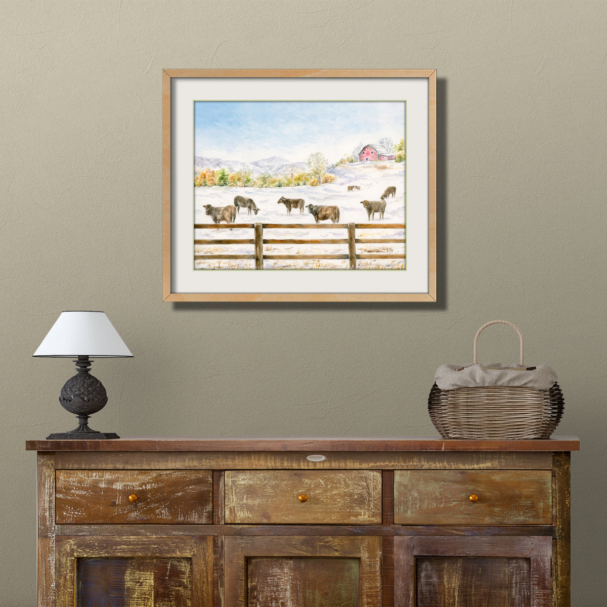 farm barn landscape watercolor painting winter rural art dairy farm art cow painting scenic country landscape wall art