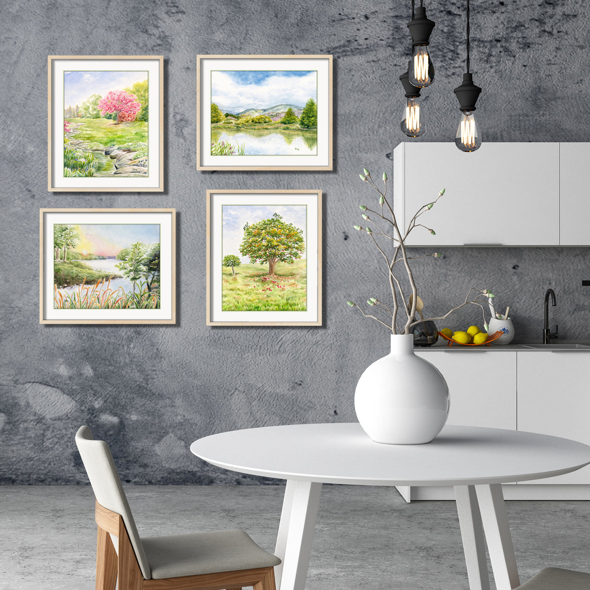landscape watercolor paintings prints scenic country art river wall art lake painting apple tree cherry tree stream meadow wall decor