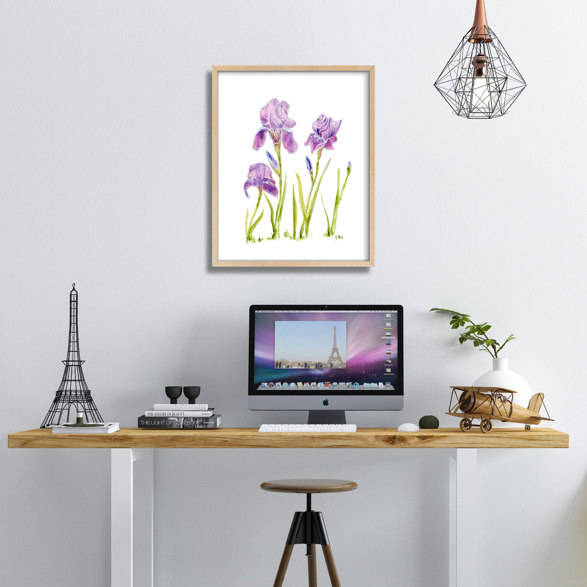 iris irises purple floral watercolor painting flower wall art home office art