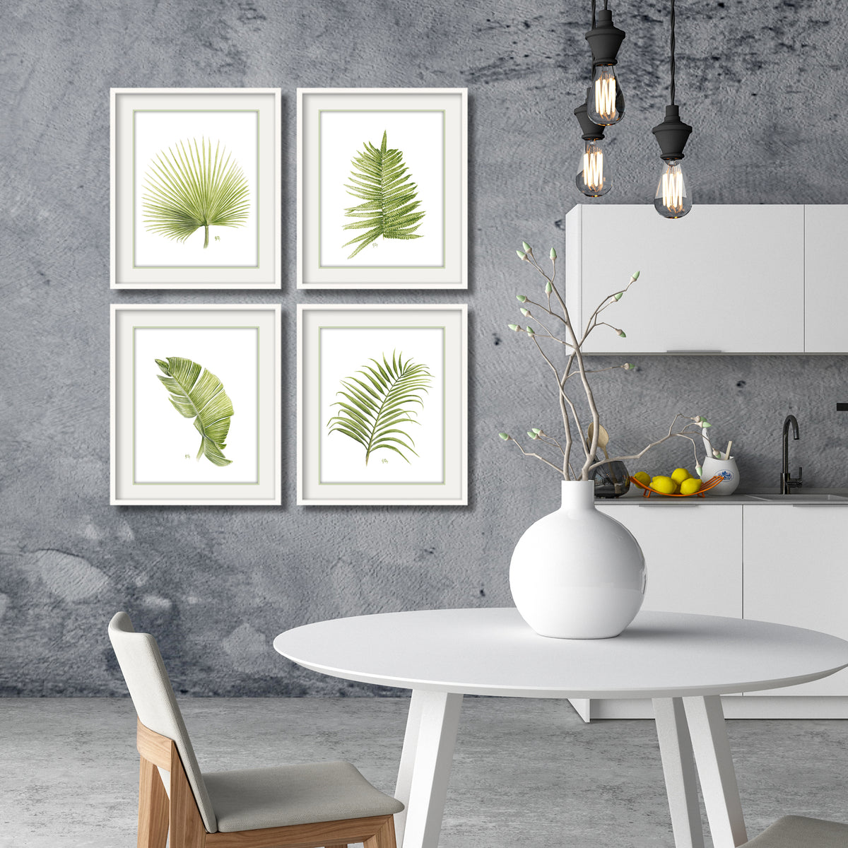 tropical leaf print set of 4 leaves watercolor paintings office wall art kitchen bedroom livivng room wall decor fan palm banana fern