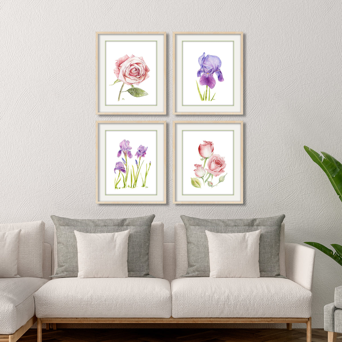 rose roses iris irises watercolor paintings flower floral artwork wall art living room above sofa dining room bedroom